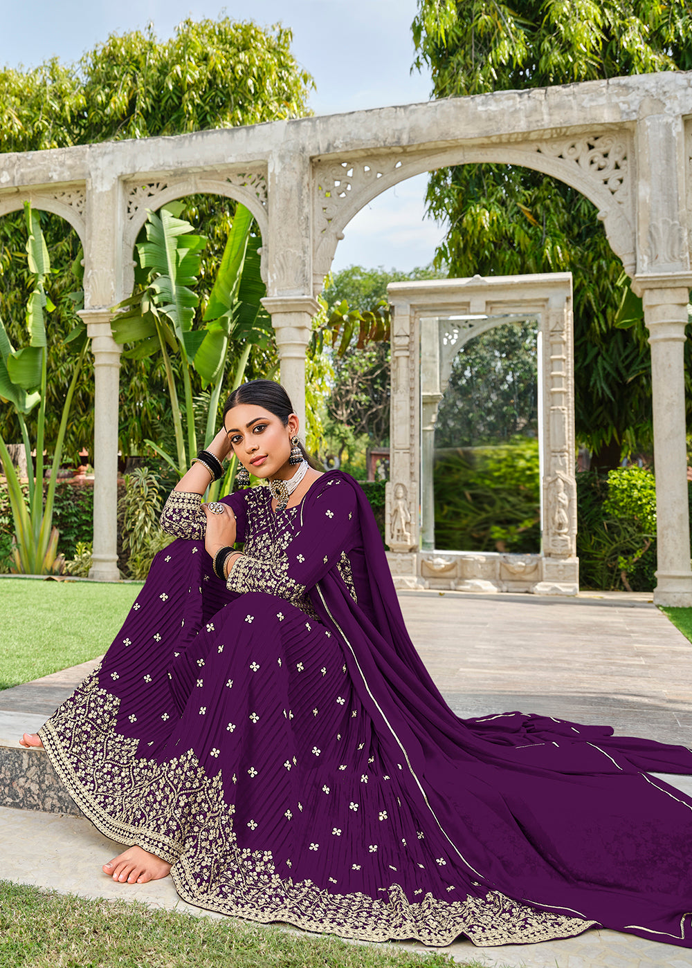 Buy Now Premium Georgette Purple Sequins & Crushed Wedding Festive Palazzo Suit Online in USA, UK, Canada, Germany, Australia & Worldwide at Empress Clothing.