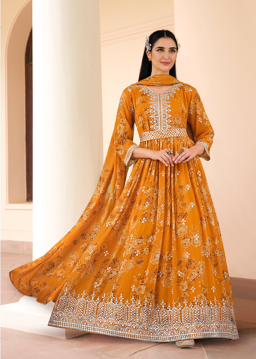 Buy Now Mustard Floral Digital Printed & Embroidered Festive Anarkali Gown Online in USA, UK, Australia, New Zealand, Canada & Worldwide at Empress Clothing. 