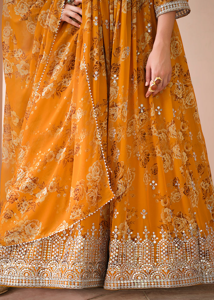 Buy Now Mustard Floral Digital Printed & Embroidered Festive Anarkali Gown Online in USA, UK, Australia, New Zealand, Canada & Worldwide at Empress Clothing. 