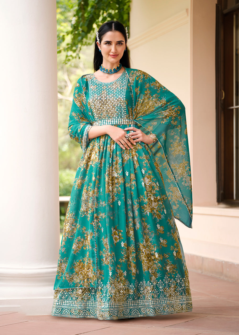 Buy Now Green Floral Digital Printed & Embroidered Festive Anarkali Gown Online in USA, UK, Australia, New Zealand, Canada & Worldwide at Empress Clothing. 