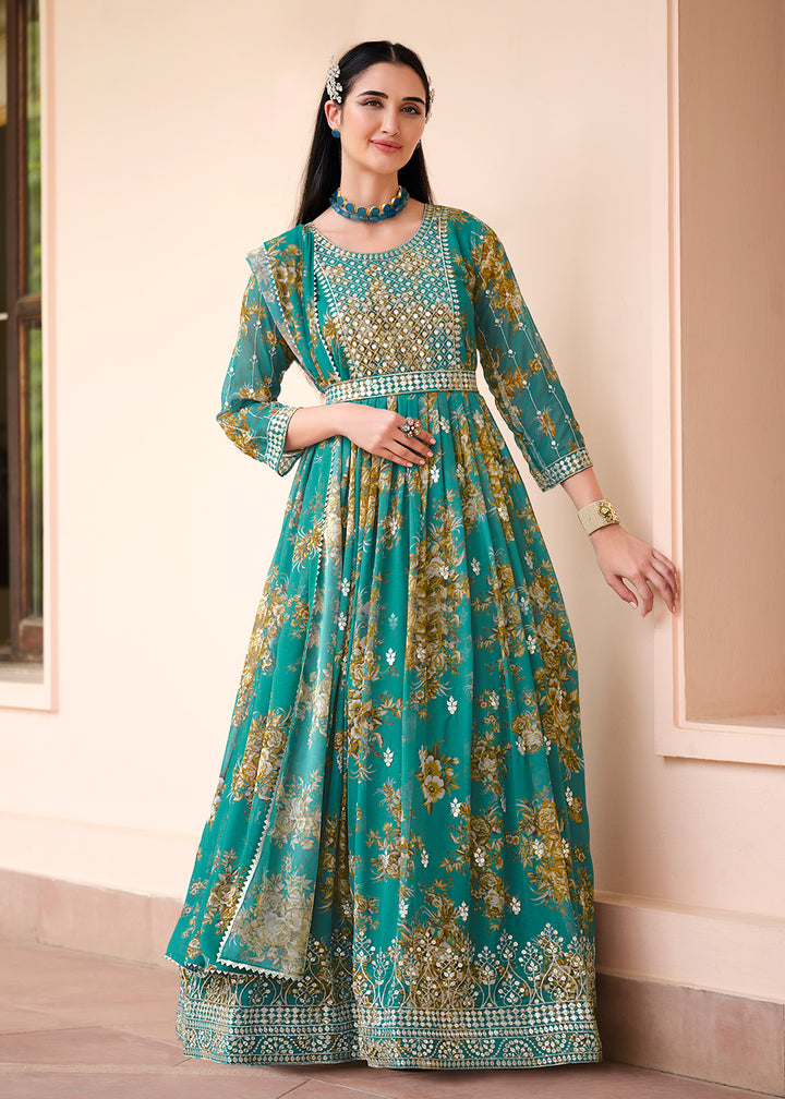 Buy Now Green Floral Digital Printed & Embroidered Festive Anarkali Gown Online in USA, UK, Australia, New Zealand, Canada & Worldwide at Empress Clothing. 