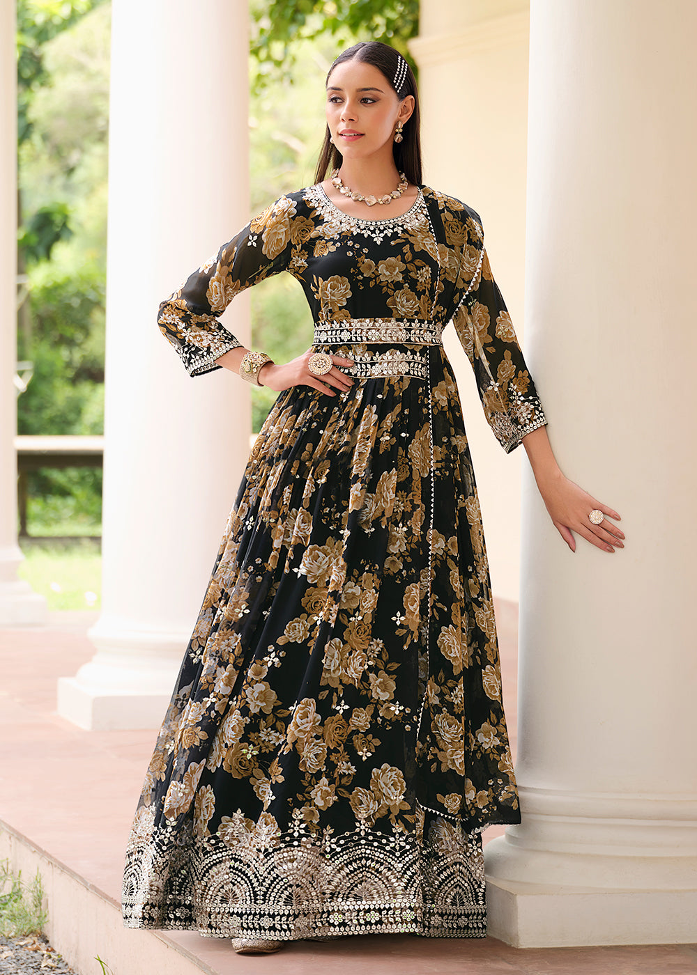 Buy Now Black Floral Digital Printed & Embroidered Festive Anarkali Gown Online in USA, UK, Australia, New Zealand, Canada & Worldwide at Empress Clothing.