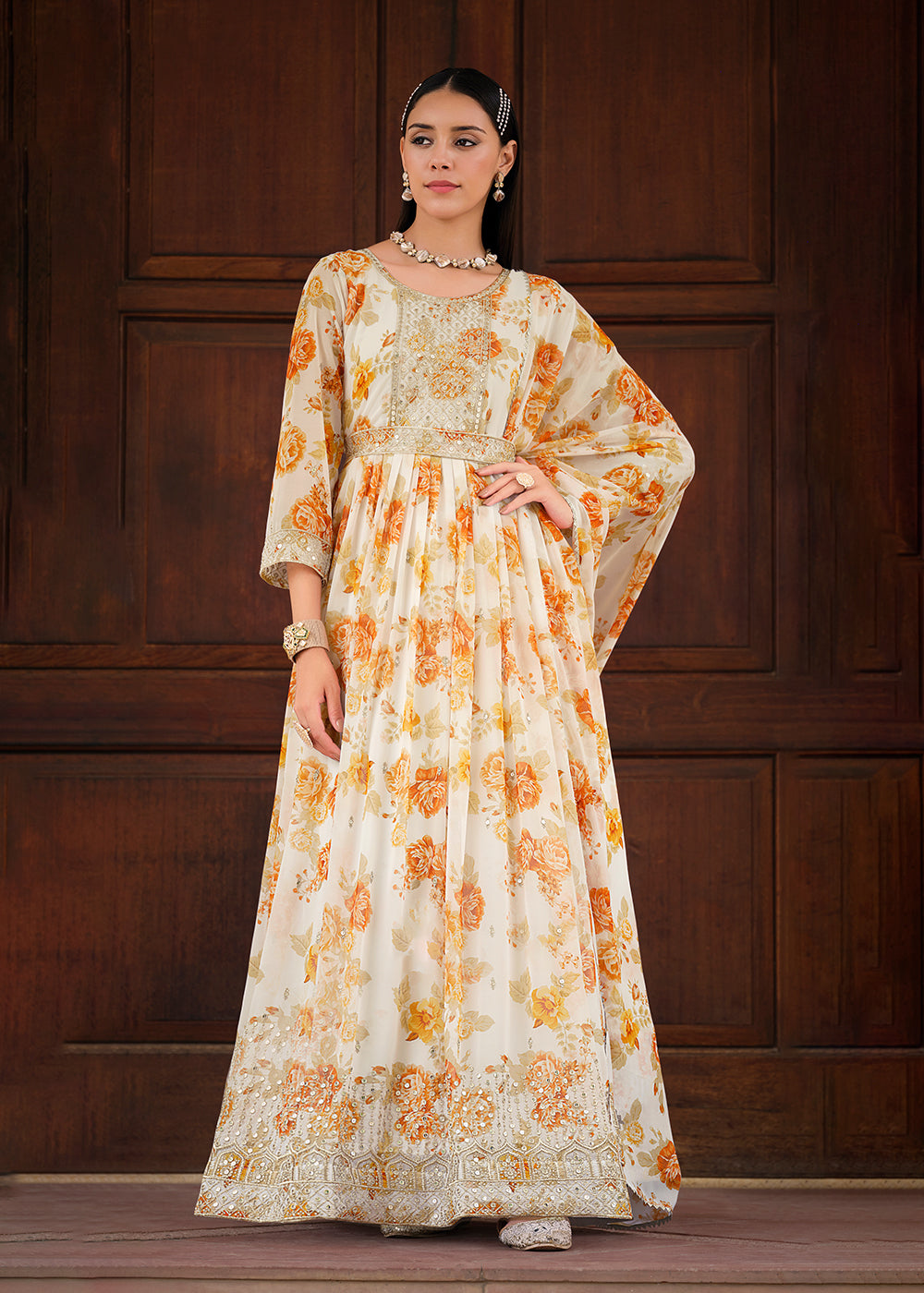 Buy Now Off White Floral Digital Printed & Embroidered Festive Anarkali Gown Online in USA, UK, Australia, New Zealand, Canada & Worldwide at Empress Clothing.