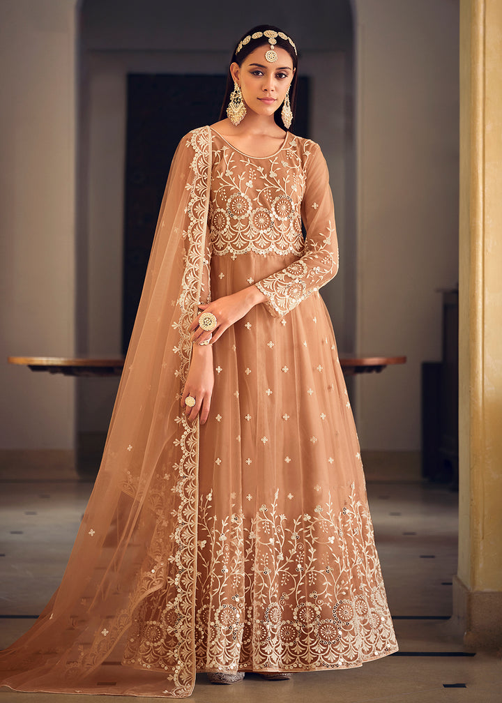 Buy Now Wedding Wear Peach Net Sequins Embroidered Anarkali Suit Online in USA, UK, Australia, New Zealand, Canada & Worldwide at Empress Clothing. 