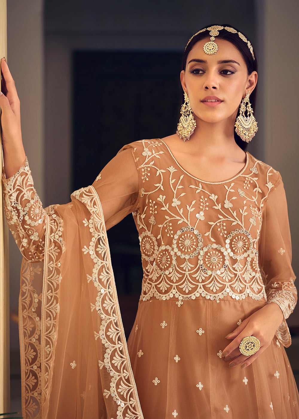 Buy Now Wedding Wear Peach Net Sequins Embroidered Anarkali Suit Online in USA, UK, Australia, New Zealand, Canada & Worldwide at Empress Clothing. 