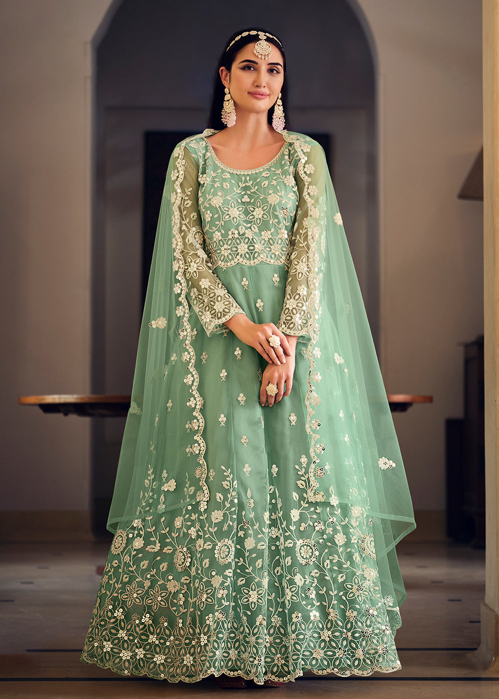 Buy Now Wedding Wear Green Net Sequins Embroidered Anarkali Suit Online in USA, UK, Australia, New Zealand, Canada & Worldwide at Empress Clothing. 