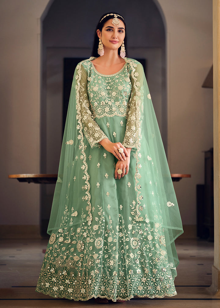 Buy Now Wedding Wear Green Net Sequins Embroidered Anarkali Suit Online in USA, UK, Australia, New Zealand, Canada & Worldwide at Empress Clothing. 