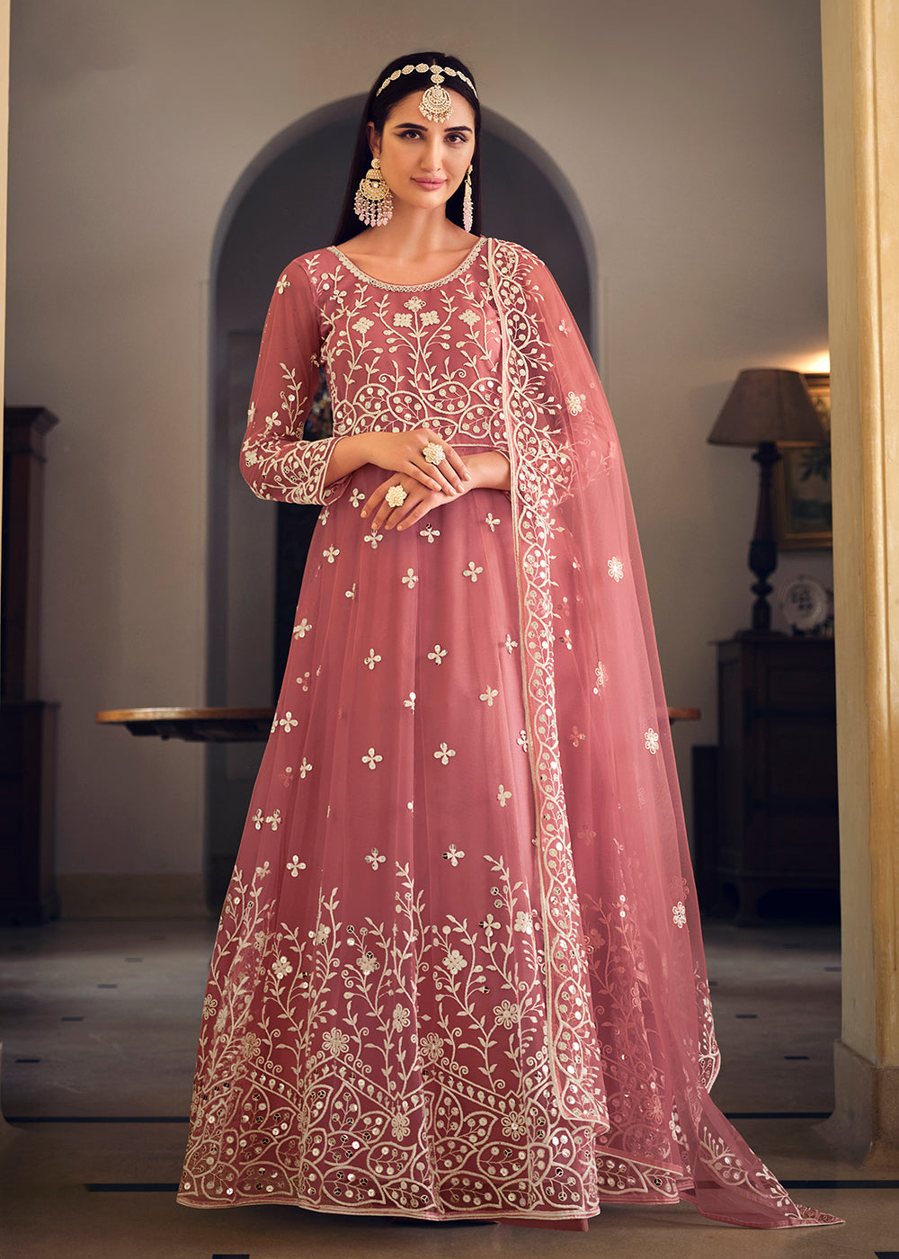 Buy Now Wedding Wear Pink Net Sequins Embroidered Anarkali Suit Online in USA, UK, Australia, New Zealand, Canada & Worldwide at Empress Clothing.
