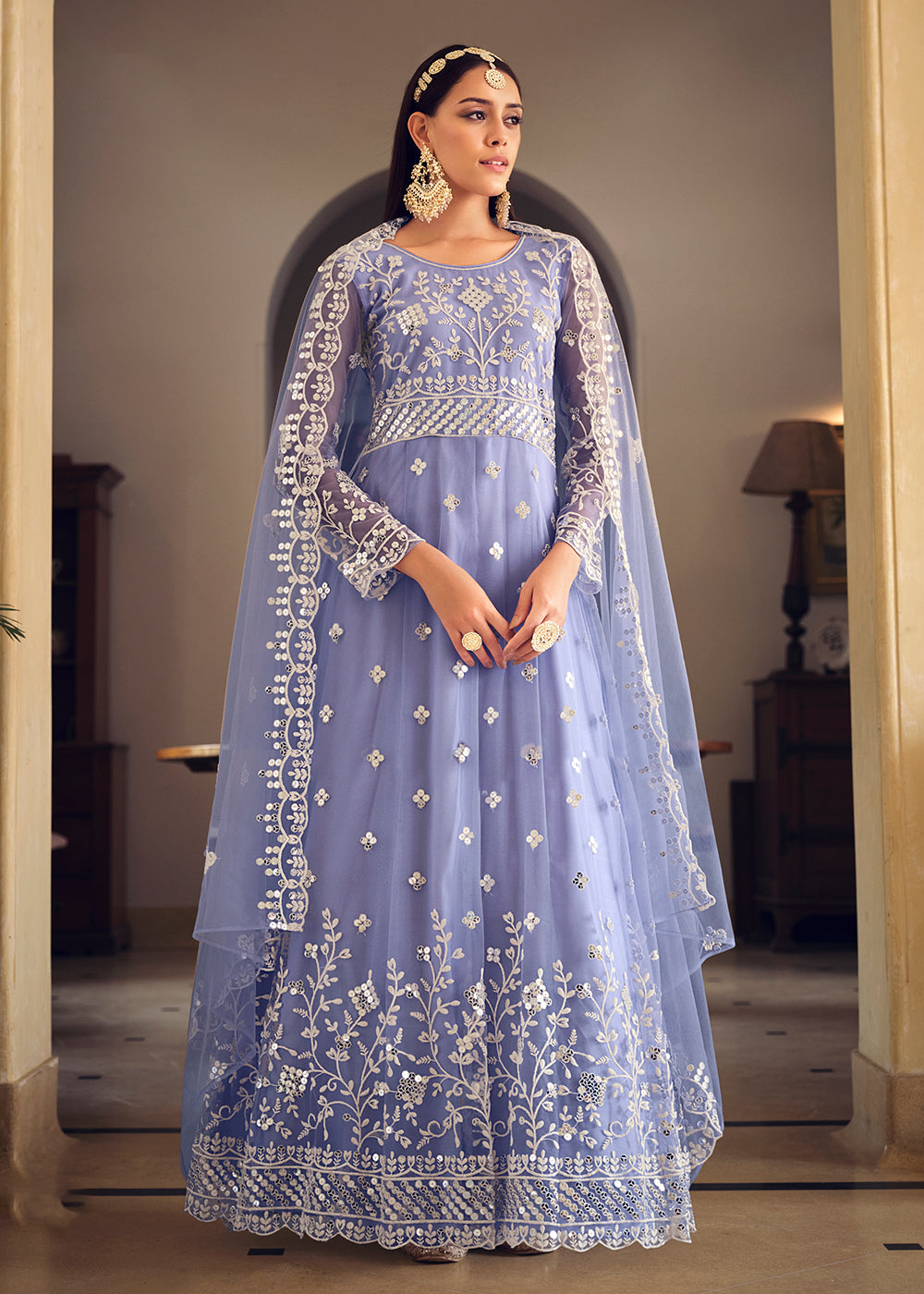 Buy Now Wedding Wear Lavender Net Sequins Embroidered Anarkali Suit Online in USA, UK, Australia, New Zealand, Canada & Worldwide at Empress Clothing.