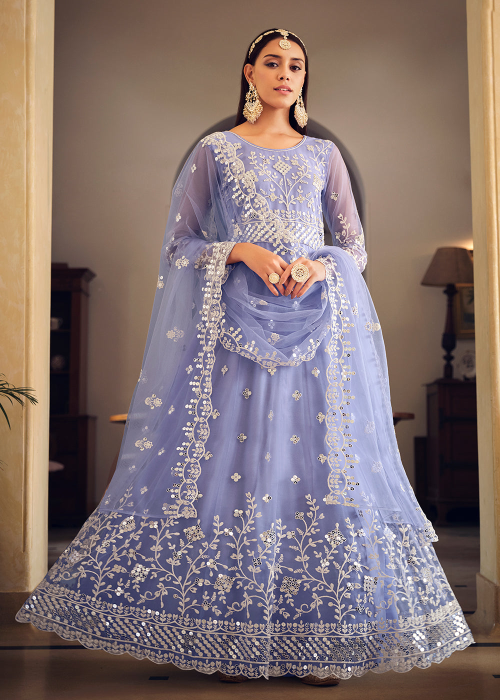 Buy Now Wedding Wear Lavender Net Sequins Embroidered Anarkali Suit Online in USA, UK, Australia, New Zealand, Canada & Worldwide at Empress Clothing.