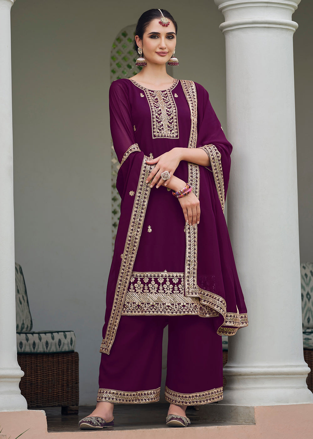 Buy Now Plum Wine Stone Work Embroidered Festive Palazzo Suit Online in USA, UK, UAE, Germany, Italy & Worldwide at Empress Clothing.