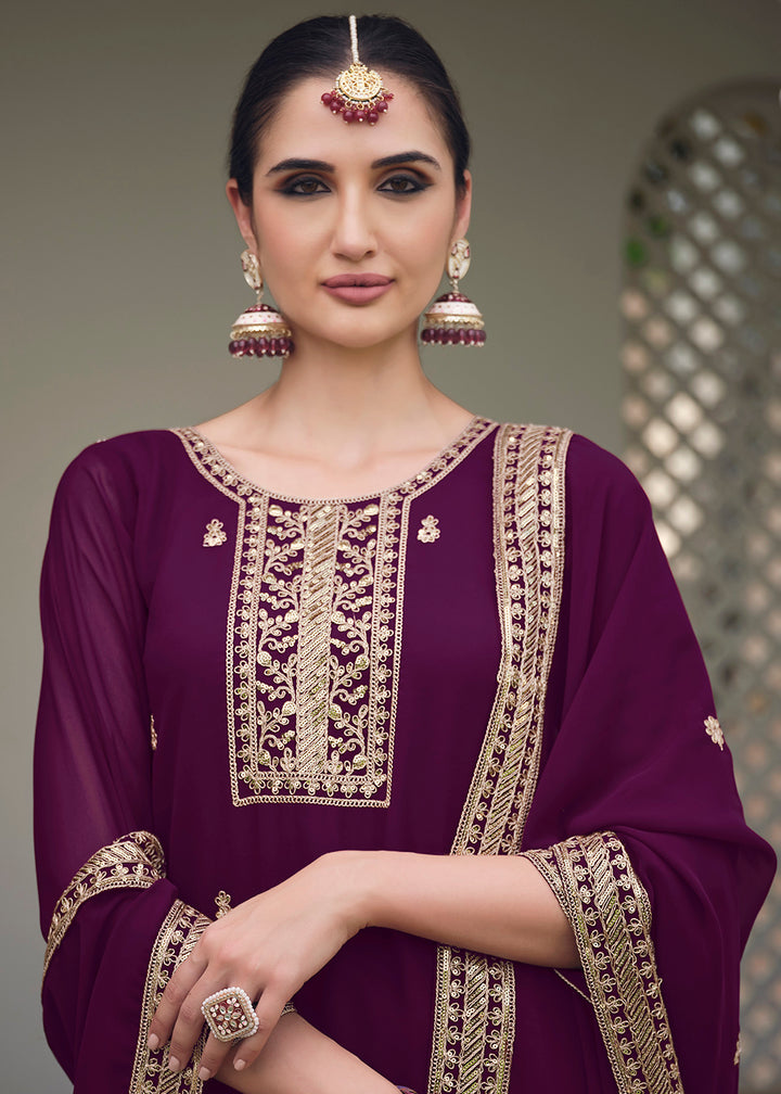 Buy Now Plum Wine Stone Work Embroidered Festive Palazzo Suit Online in USA, UK, UAE, Germany, Italy & Worldwide at Empress Clothing.