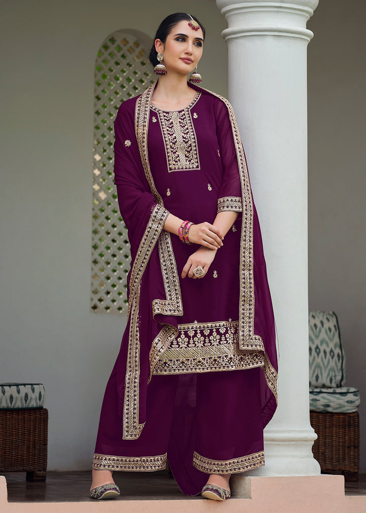 Buy Now Plum Wine Stone Work Embroidered Festive Palazzo Suit Online in USA, UK, UAE, Germany, Italy & Worldwide at Empress Clothing.