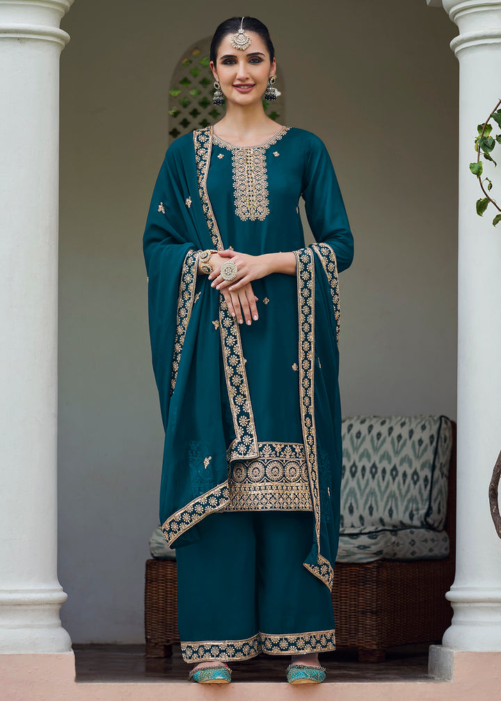 Buy Now Teal Blue Stone Work Embroidered Festive Palazzo Suit Online in USA, UK, UAE, Germany, Italy & Worldwide at Empress Clothing.