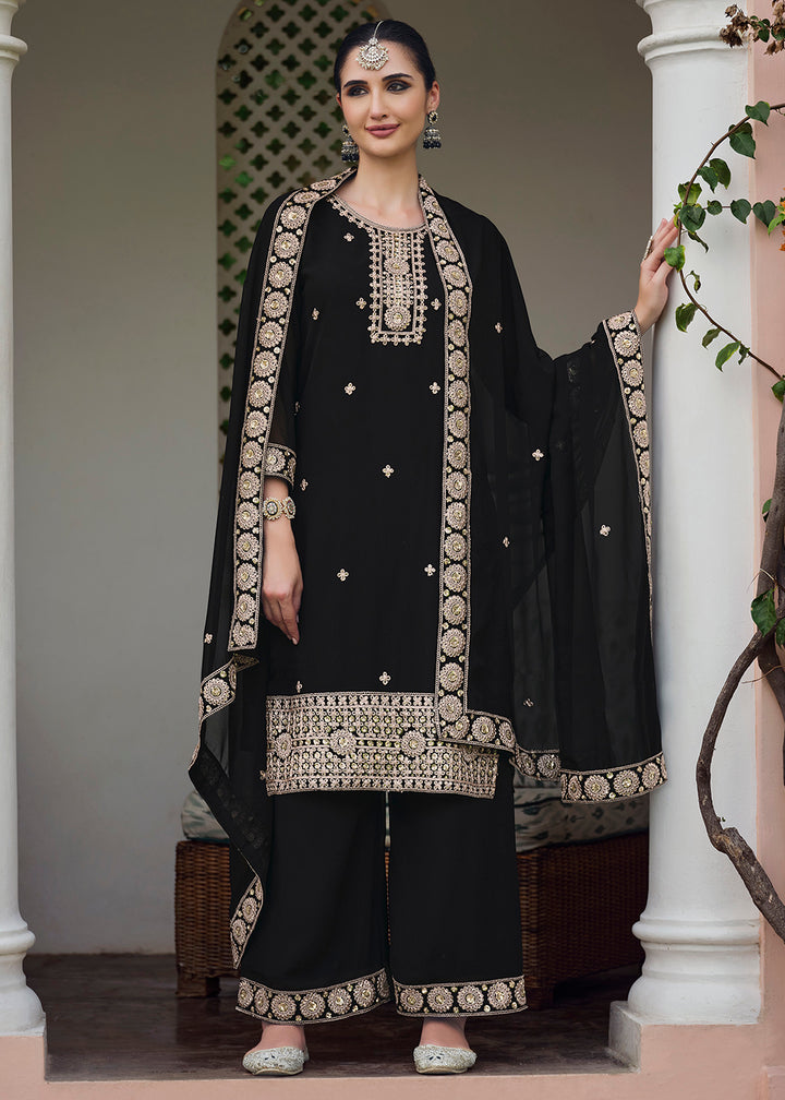 Buy Now Black Stone Work Embroidered Festive Palazzo Suit Online in USA, UK, UAE, Germany, Italy & Worldwide at Empress Clothing. 