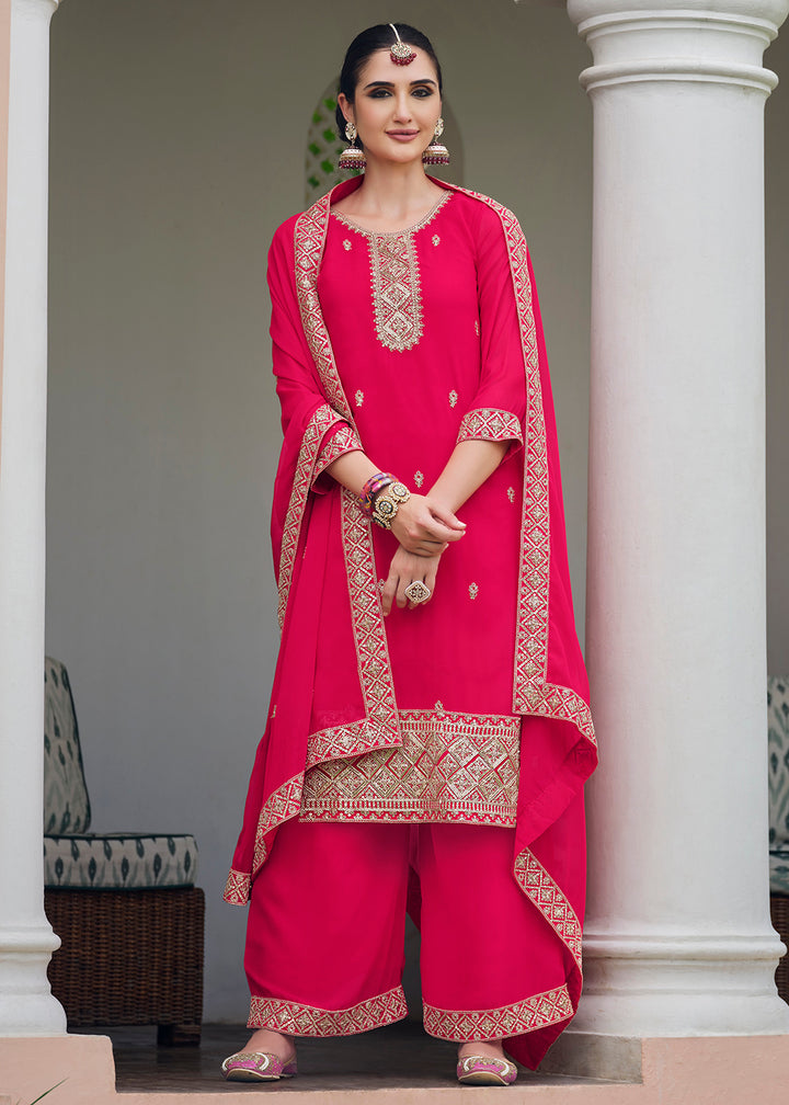 Buy Now Hot Pink Stone Work Embroidered Festive Palazzo Suit Online in USA, UK, UAE, Germany, Italy & Worldwide at Empress Clothing.