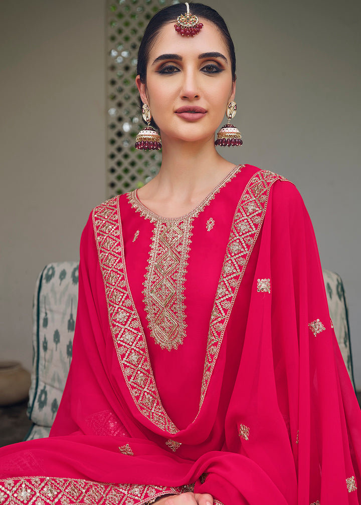 Buy Now Hot Pink Stone Work Embroidered Festive Palazzo Suit Online in USA, UK, UAE, Germany, Italy & Worldwide at Empress Clothing.