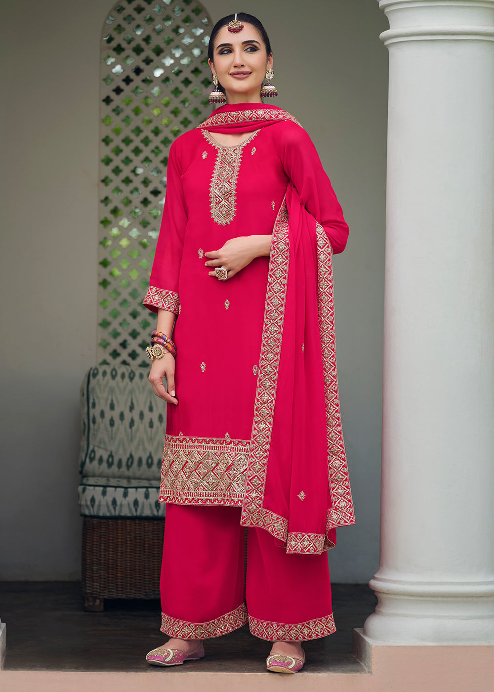 Buy Now Hot Pink Stone Work Embroidered Festive Palazzo Suit Online in USA, UK, UAE, Germany, Italy & Worldwide at Empress Clothing.