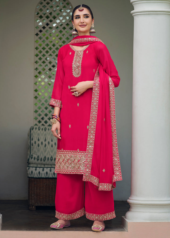 Buy Now Hot Pink Stone Work Embroidered Festive Palazzo Suit Online in USA, UK, UAE, Germany, Italy & Worldwide at Empress Clothing.