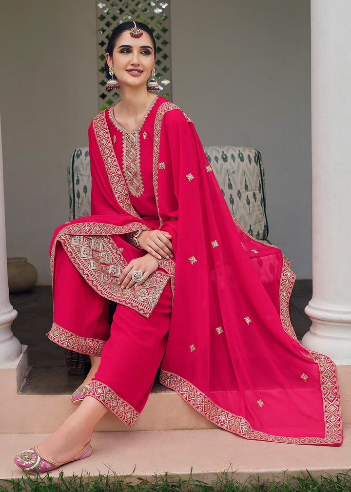 Buy Now Hot Pink Stone Work Embroidered Festive Palazzo Suit Online in USA, UK, UAE, Germany, Italy & Worldwide at Empress Clothing.