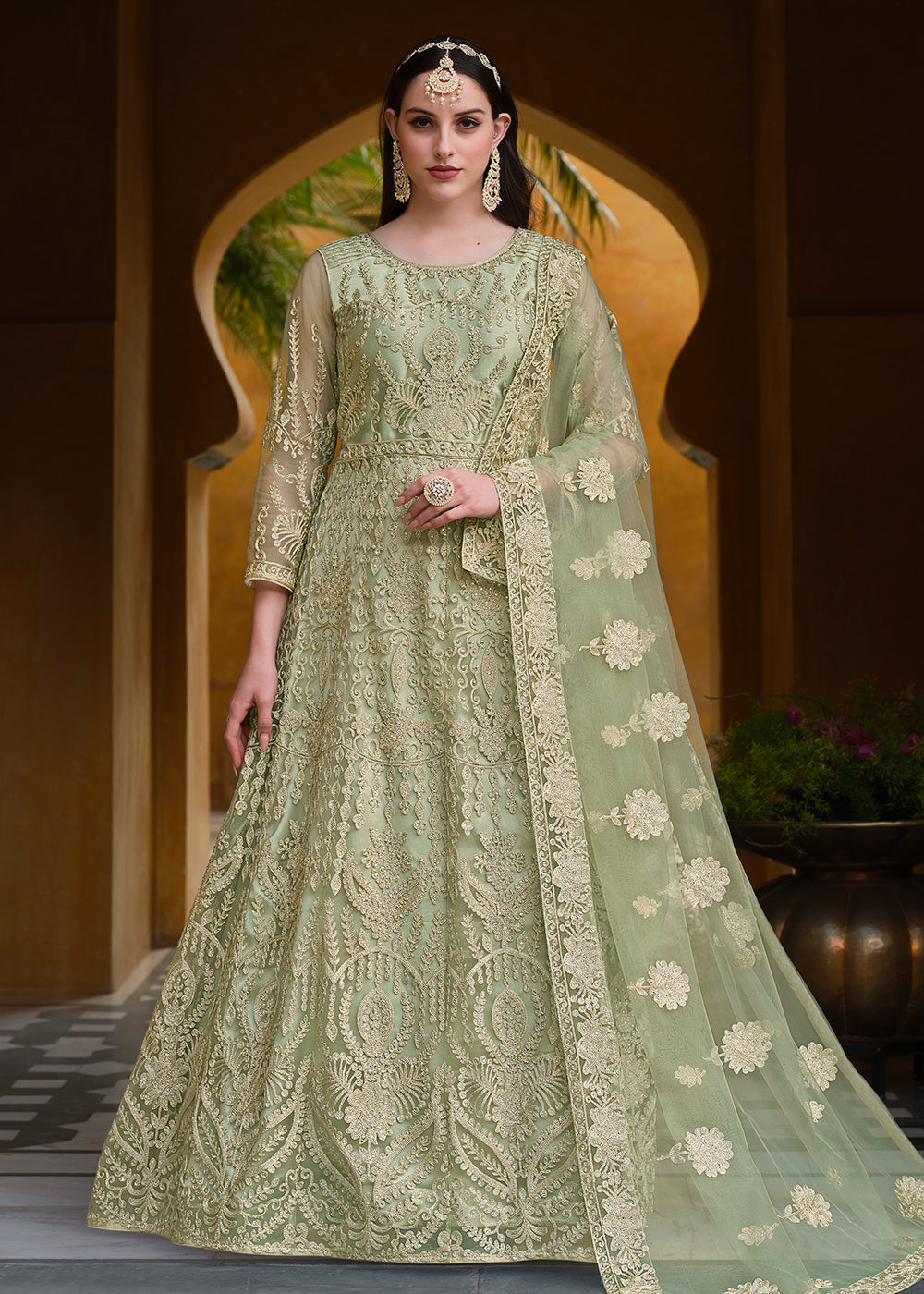 Buy Now Pista Green Pure Butterfly Net Wedding Wear Anarkali Suit Online in USA, UK, Australia, New Zealand, Canada & Worldwide at Empress Clothing. 