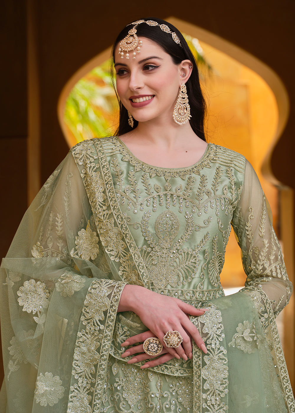 Buy Now Pista Green Pure Butterfly Net Wedding Wear Anarkali Suit Online in USA, UK, Australia, New Zealand, Canada & Worldwide at Empress Clothing. 