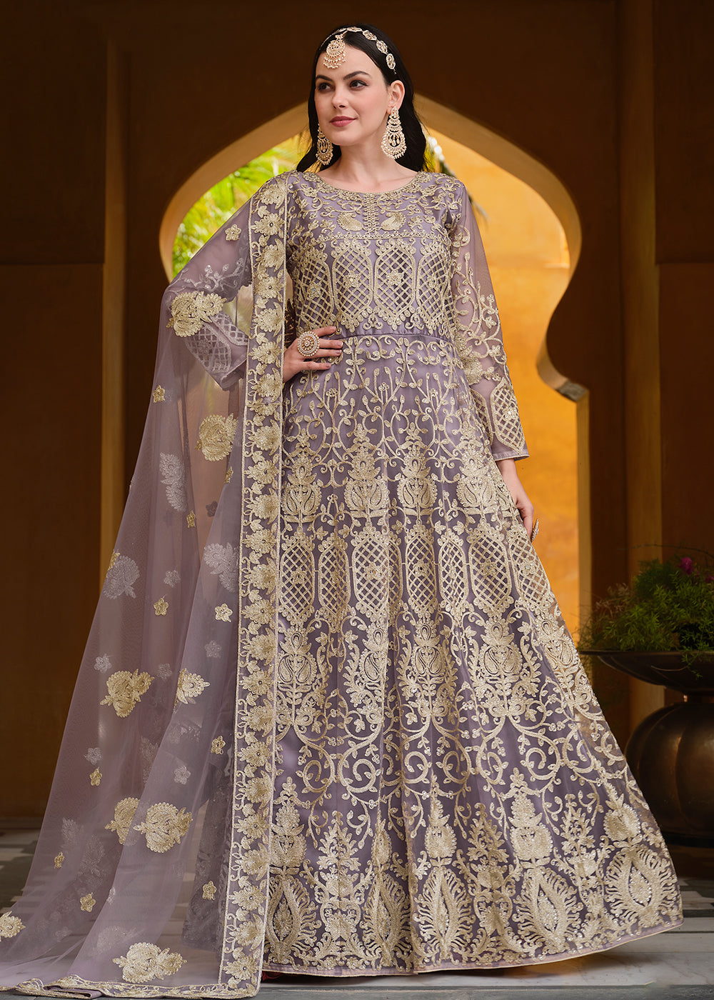 Buy Now Light Purple Pure Butterfly Net Wedding Wear Anarkali Suit Online in USA, UK, Australia, New Zealand, Canada & Worldwide at Empress Clothing. 