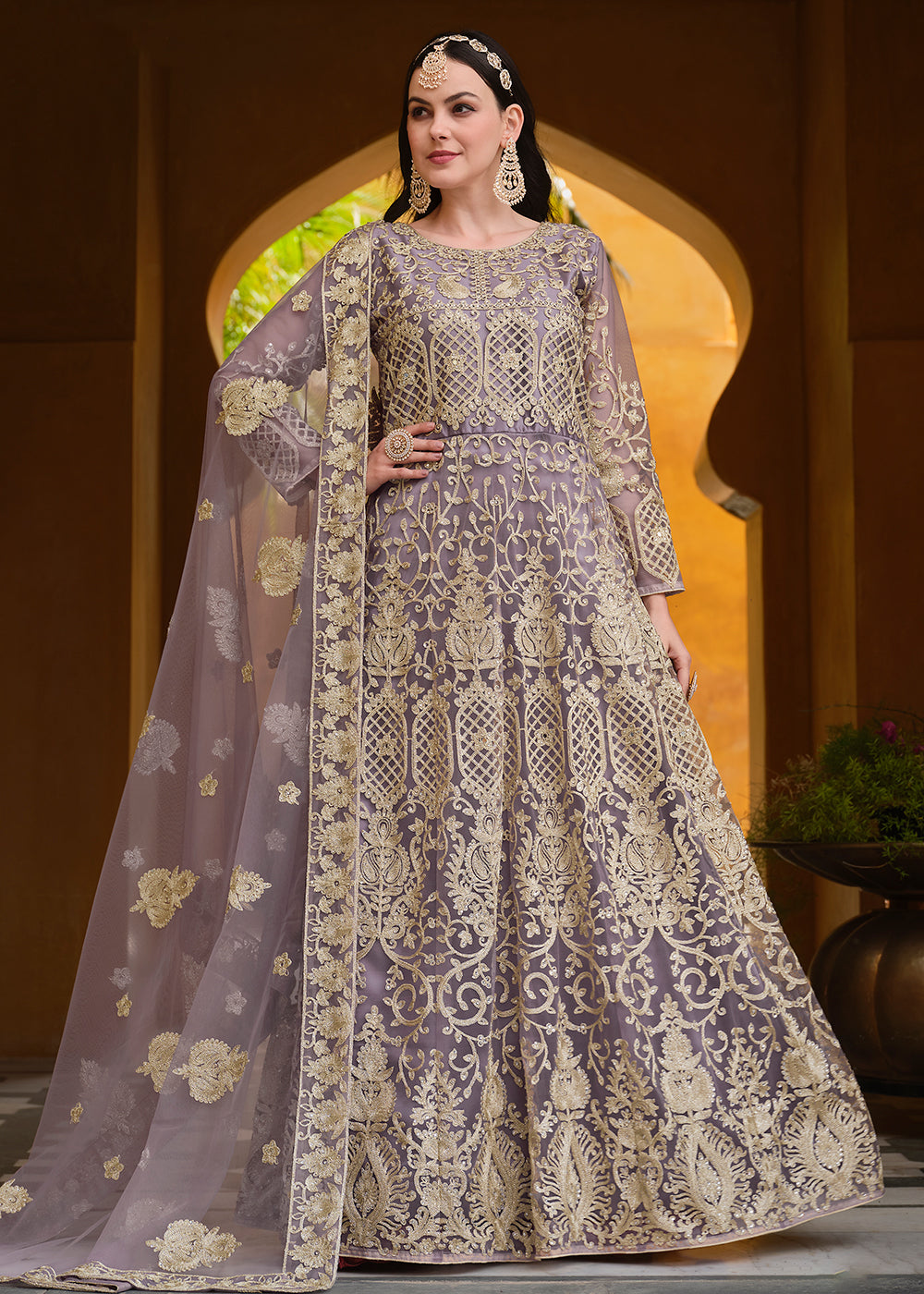 Buy Now Light Purple Pure Butterfly Net Wedding Wear Anarkali Suit Online in USA, UK, Australia, New Zealand, Canada & Worldwide at Empress Clothing.