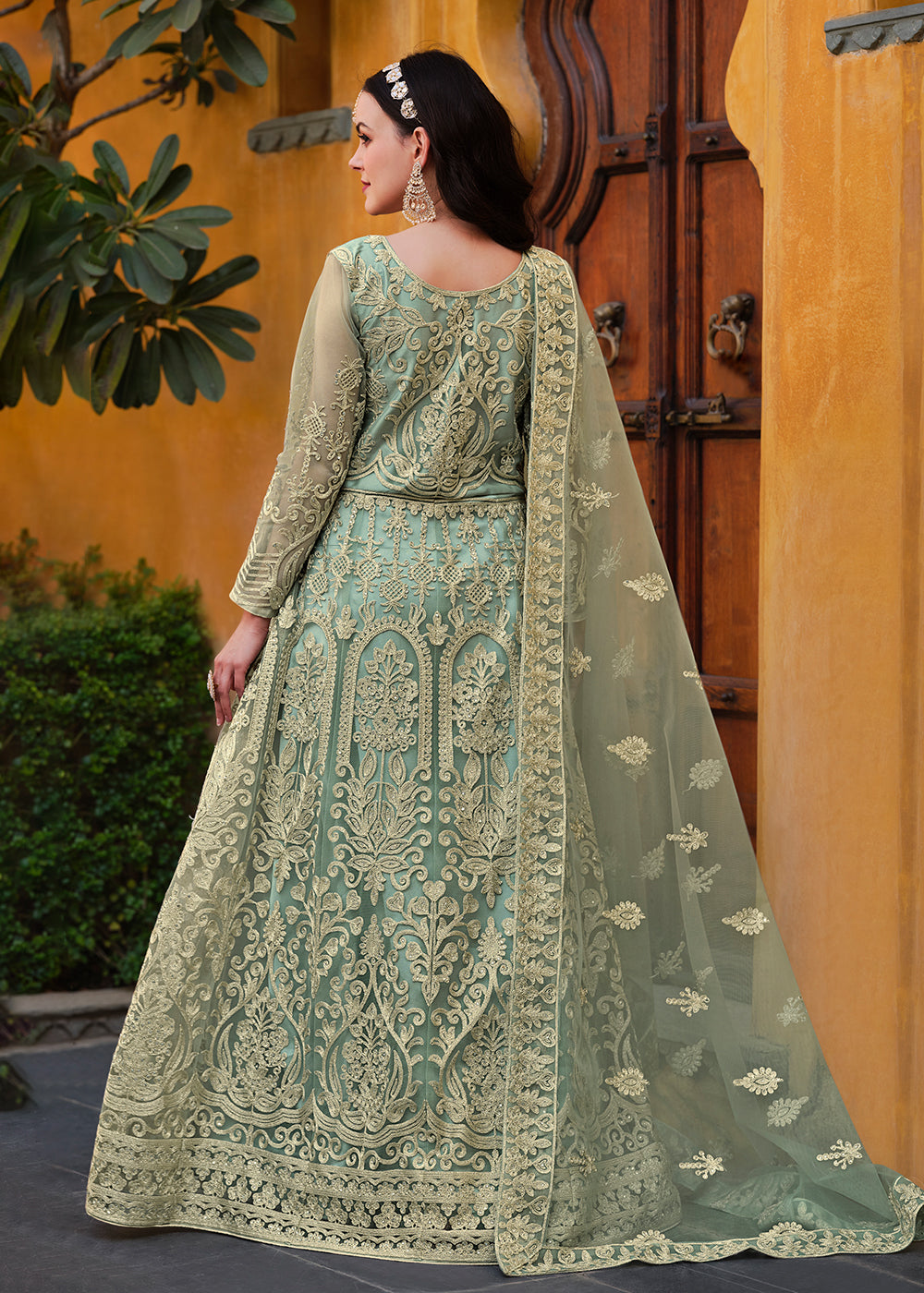Buy Now Light Green Pure Butterfly Net Wedding Wear Anarkali Suit Online in USA, UK, Australia, New Zealand, Canada & Worldwide at Empress Clothing. 