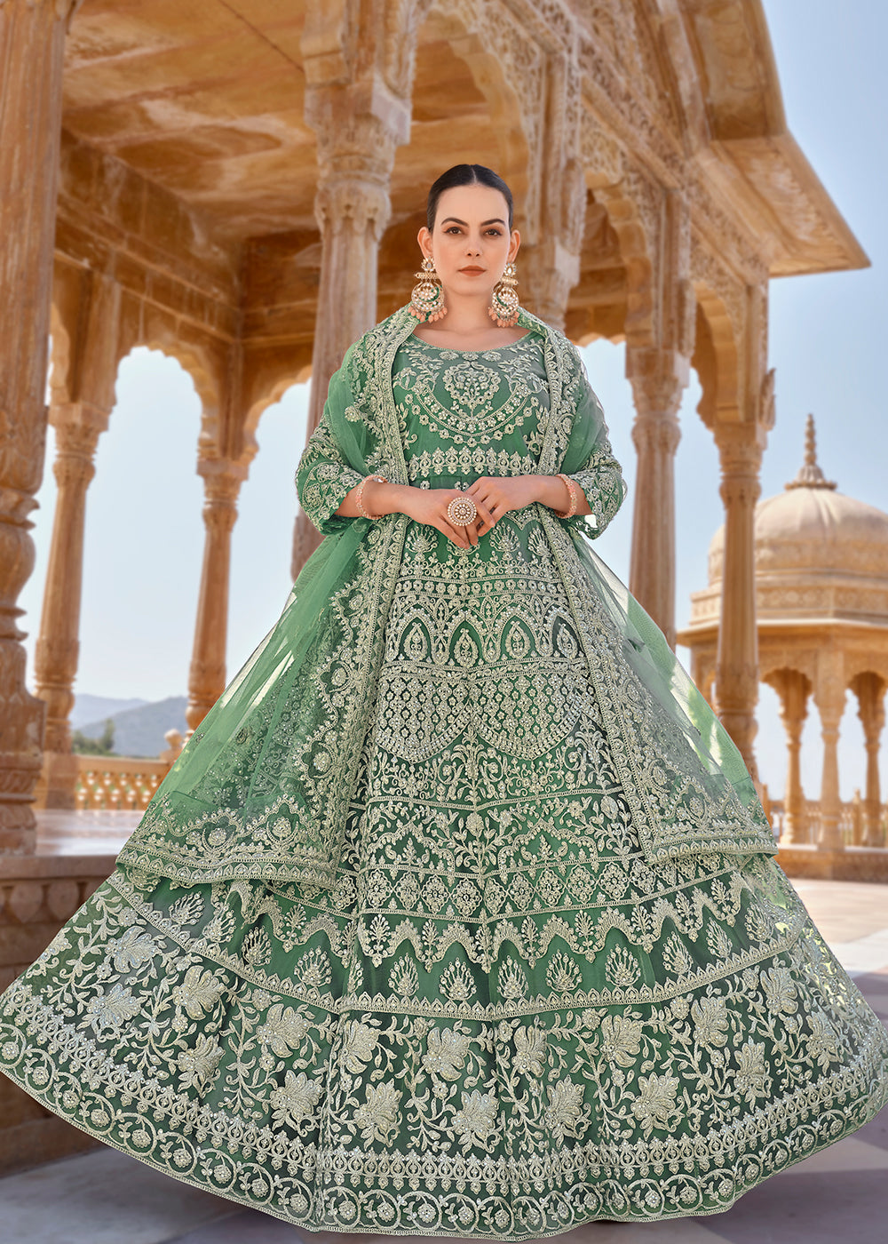 Buy Now Mint Green Front & Back Stone Embroidered Wedding Anarkali Suit Online in USA, UK, Australia, New Zealand, Canada & Worldwide at Empress Clothing.
