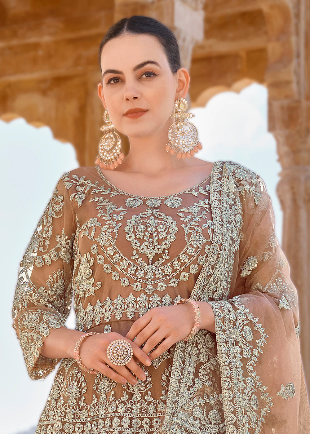 Buy Now Peach Front & Back Stone Embroidered Wedding Anarkali Suit Online in USA, UK, Australia, New Zealand, Canada & Worldwide at Empress Clothing. 