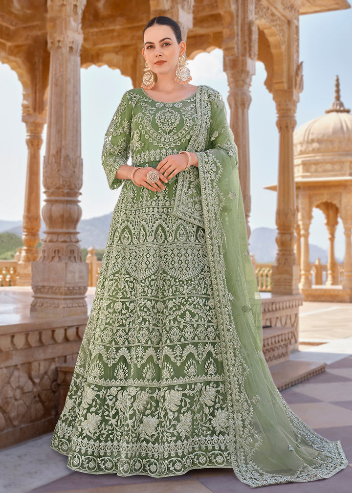 Buy Now Sage Green Front & Back Stone Embroidered Wedding Anarkali Suit Online in USA, UK, Australia, New Zealand, Canada & Worldwide at Empress Clothing. 