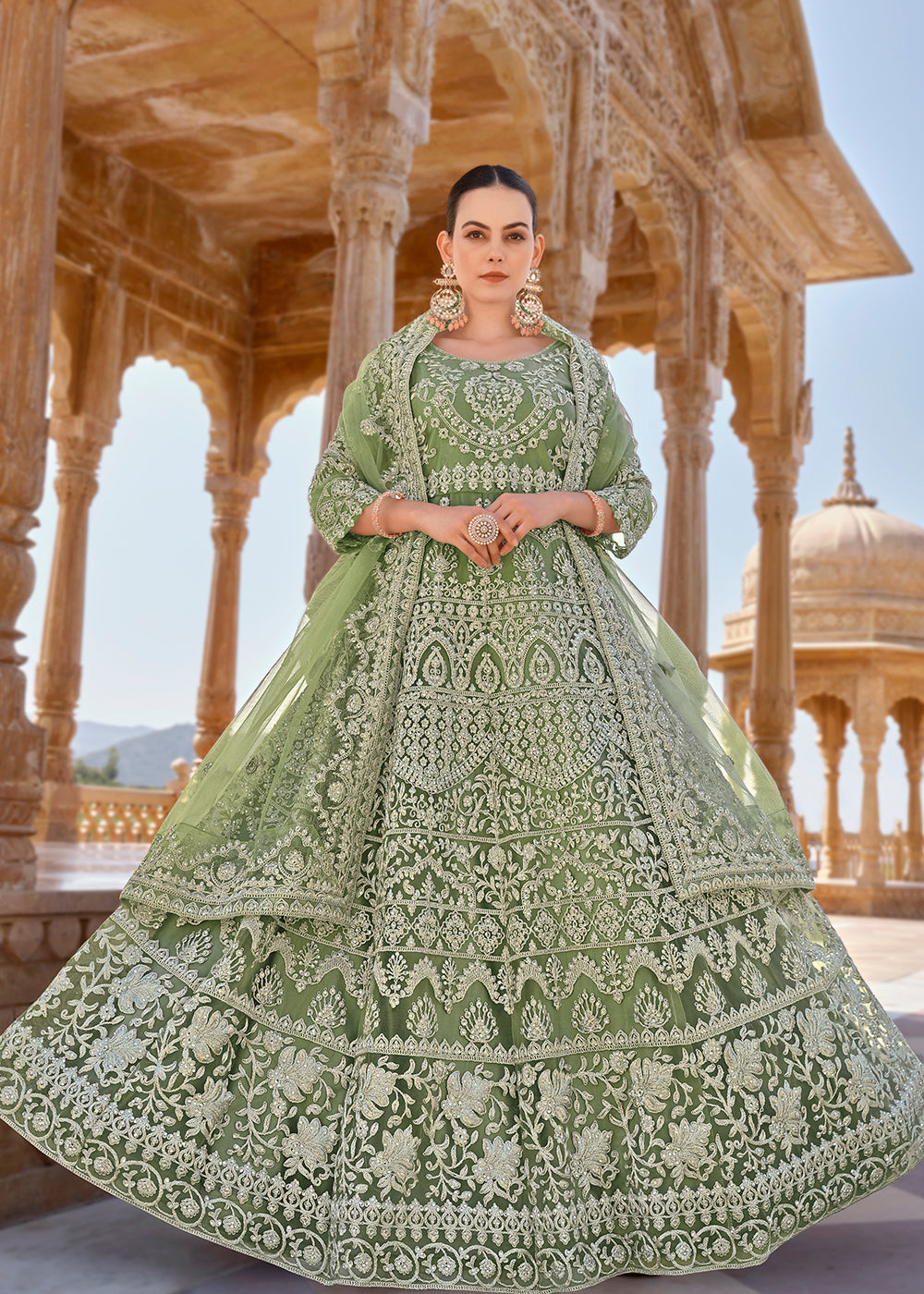 Buy Now Sage Green Front & Back Stone Embroidered Wedding Anarkali Suit Online in USA, UK, Australia, New Zealand, Canada & Worldwide at Empress Clothing. 