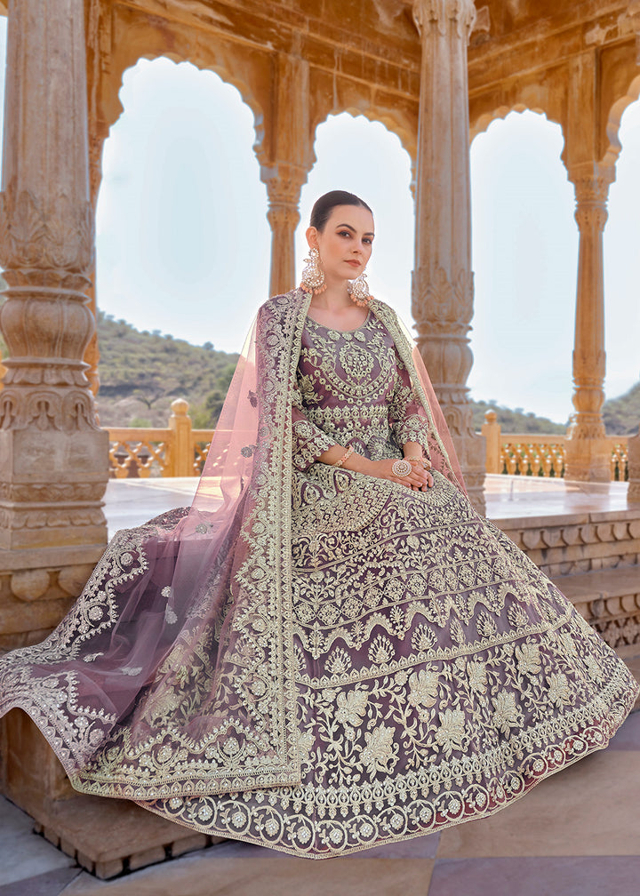 Buy Now Mauve Front & Back Stone Embroidered Wedding Anarkali Suit Online in USA, UK, Australia, New Zealand, Canada & Worldwide at Empress Clothing.