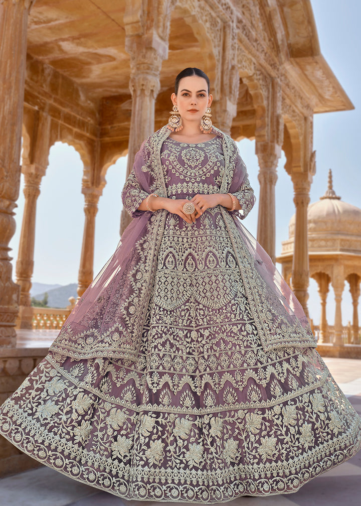 Buy Now Mauve Front & Back Stone Embroidered Wedding Anarkali Suit Online in USA, UK, Australia, New Zealand, Canada & Worldwide at Empress Clothing.