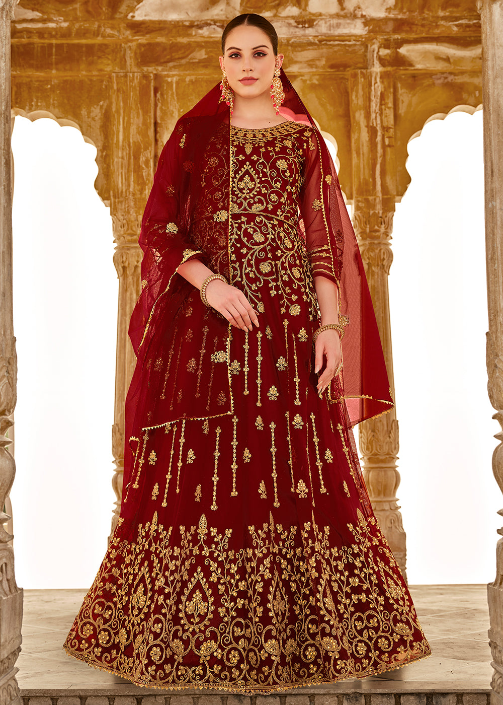 Buy Now Heavy Stone Embroidered Maroon Designer Anarkali Suit Online in USA, UK, Australia, New Zealand, Canada & Worldwide at Empress Clothing. 