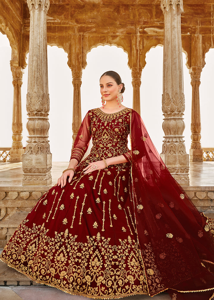Buy Now Heavy Stone Embroidered Maroon Designer Anarkali Suit Online in USA, UK, Australia, New Zealand, Canada & Worldwide at Empress Clothing. 
