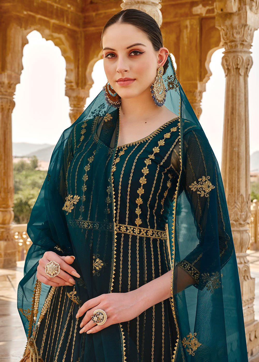 Buy Now Heavy Stone Embroidered Peacock Blue Designer Anarkali Suit Online in USA, UK, Australia, New Zealand, Canada & Worldwide at Empress Clothing.