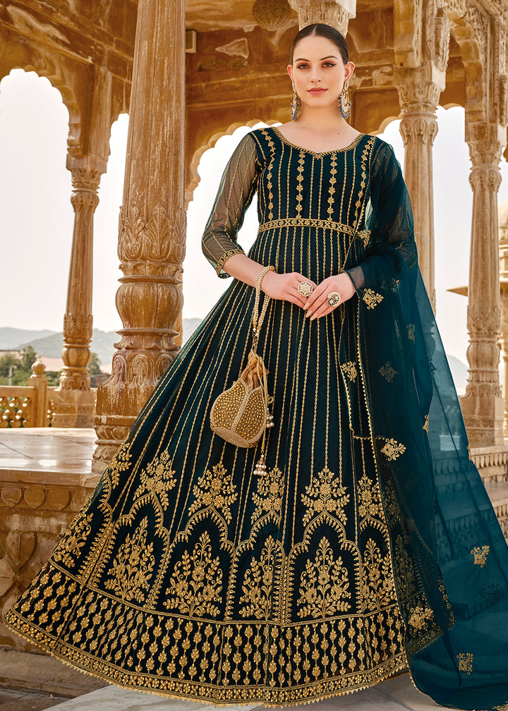 Buy Now Heavy Stone Embroidered Peacock Blue Designer Anarkali Suit Online in USA, UK, Australia, New Zealand, Canada & Worldwide at Empress Clothing.