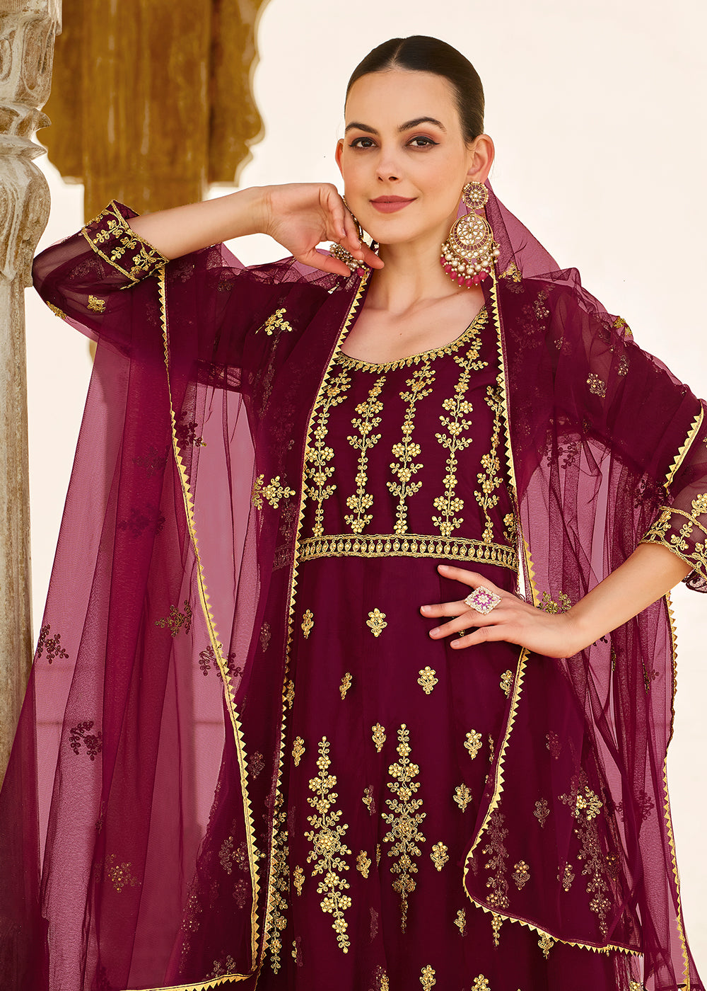 Buy Now Heavy Stone Embroidered Wine Designer Anarkali Suit Online in USA, UK, Australia, New Zealand, Canada & Worldwide at Empress Clothing. 