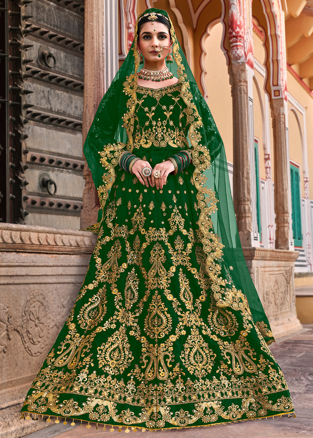 Buy Now Green Velvet Heavy Embroidered A Line Lehenga Choli Online in USA, UK, Canada, France & Worldwide at Empress Clothing.