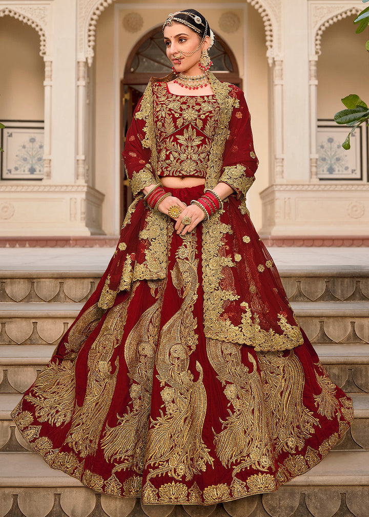 Buy Now Maroon & Gold Embroidered Velvet Wedding Lehenga Choli Online in USA, UK, France, UAE & Worldwide at Empress Clothing.