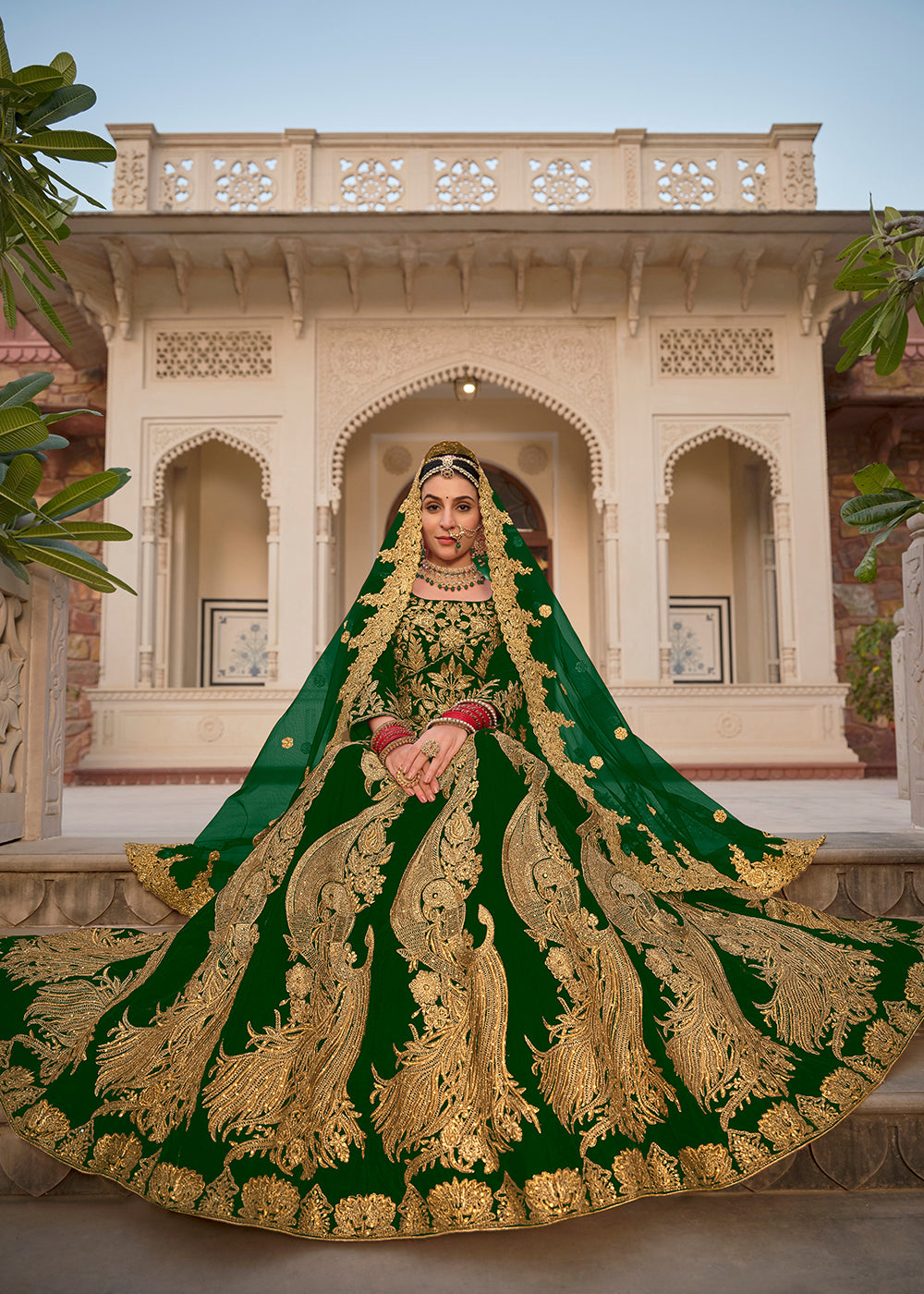 Buy Now Green & Gold Embroidered Velvet Wedding Lehenga Choli Online in USA, UK, France, UAE & Worldwide at Empress Clothing.