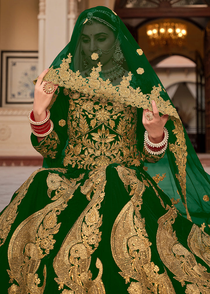 Buy Now Green & Gold Embroidered Velvet Wedding Lehenga Choli Online in USA, UK, France, UAE & Worldwide at Empress Clothing.