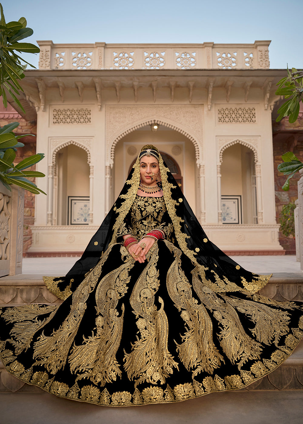 Wedding Lehenga Choli - Black & Gold Embroidered Velvet Lehenga Choli Empress Clothing Wedding Lehenga Choli - Black & Gold Embroidered Velvet Lehenga Choli Empress Clothing