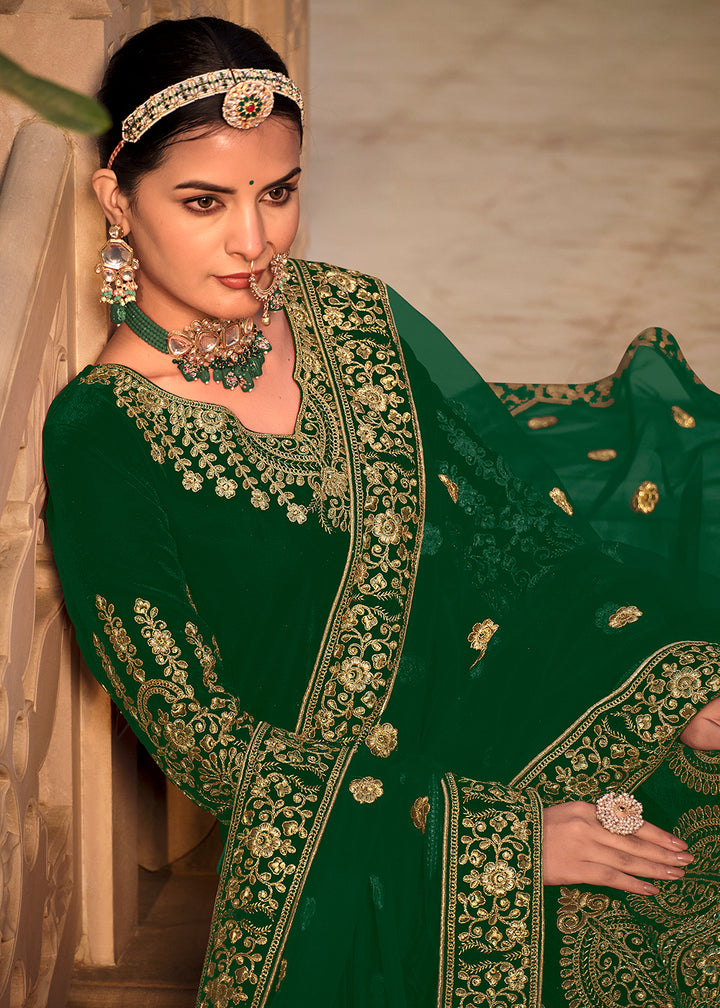 Buy Now Green Velvet Front & Back Embroidery Wedding Anarkali Suit Online in USA, UK, Australia, New Zealand, Canada & Worldwide at Empress Clothing