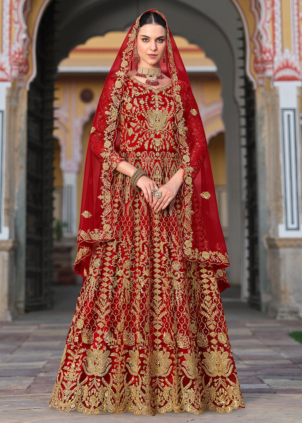 Buy Now Trilling Red Cording & Stone Work Wedding Anarkali Suit Online in USA, UK, Australia, Italy, Germany, Canada, France & Worldwide at Empress Clothing.