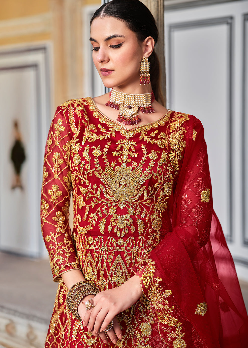 Buy Now Trilling Red Cording & Stone Work Wedding Anarkali Suit Online in USA, UK, Australia, Italy, Germany, Canada, France & Worldwide at Empress Clothing.