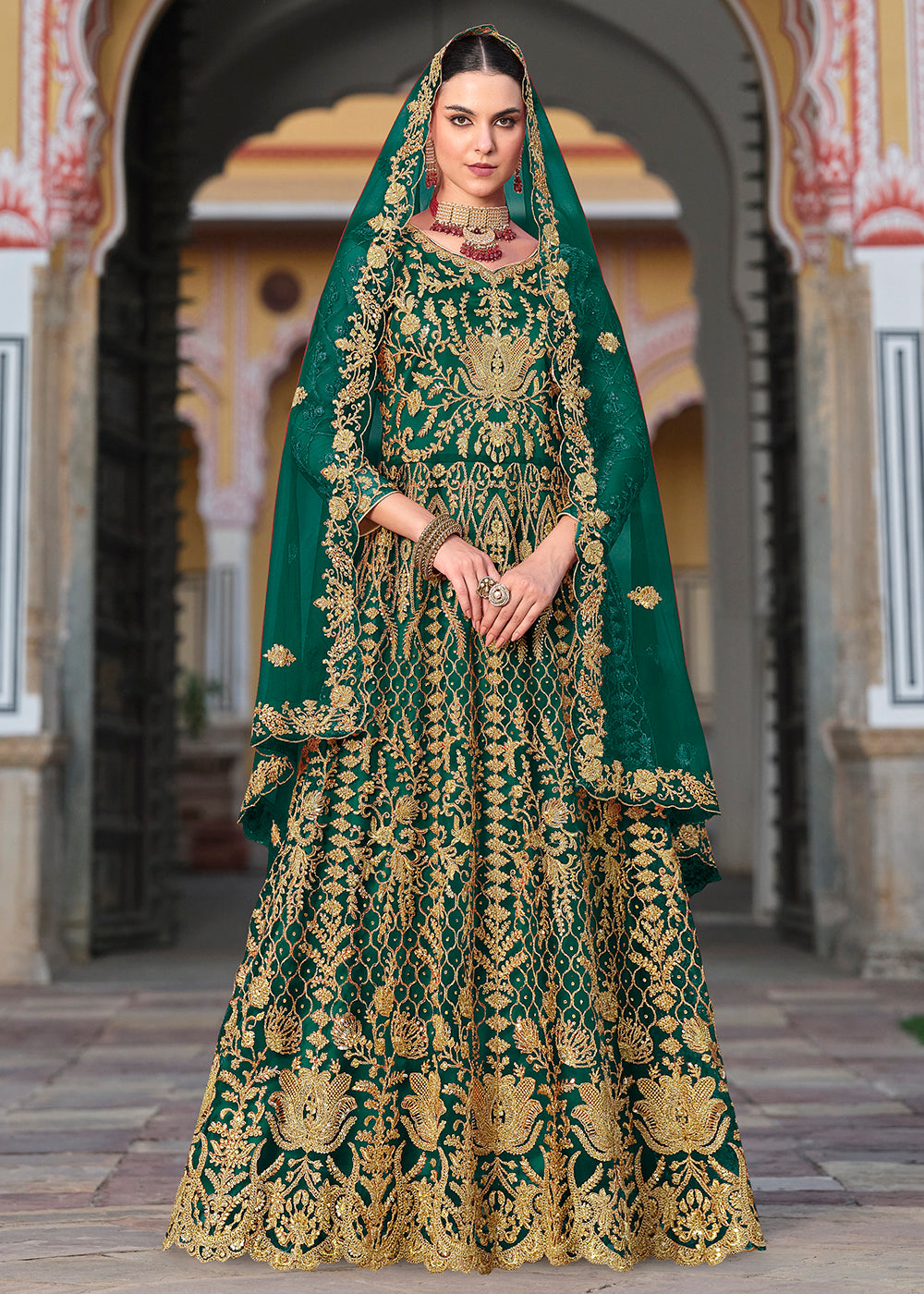 Buy Now Trilling Green Cording & Stone Work Wedding Anarkali Suit Online in USA, UK, Australia, Italy, Germany, Canada, France & Worldwide at Empress Clothing.