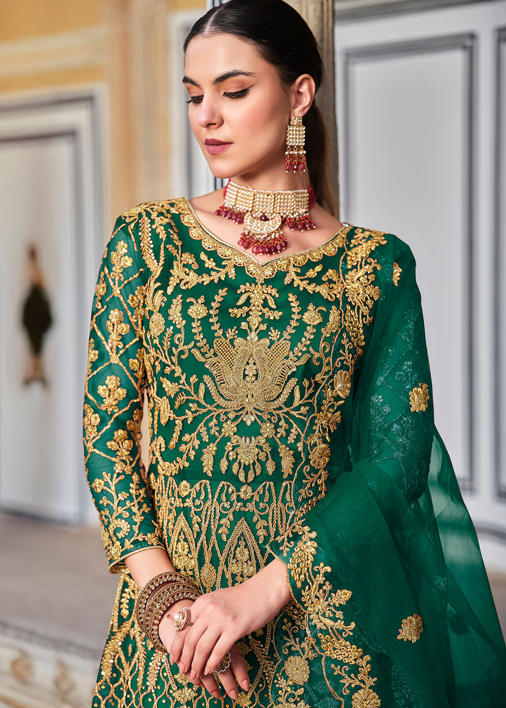 Buy Now Trilling Green Cording & Stone Work Wedding Anarkali Suit Online in USA, UK, Australia, Italy, Germany, Canada, France & Worldwide at Empress Clothing.